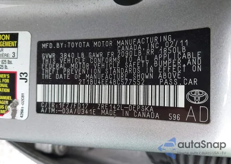 2011 Toyota Corolla S z USA, uszkodzony, nr VIN 2T1BU4EE4BC577552